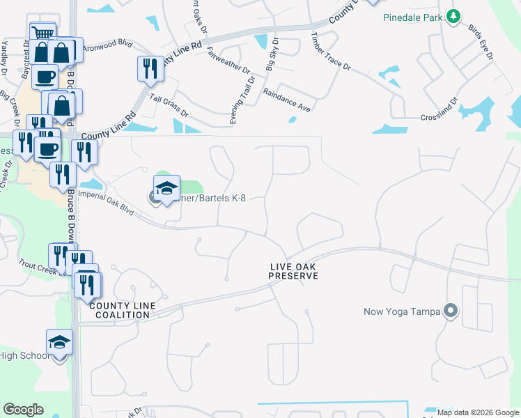 map of restaurants, bars, coffee shops, grocery stores, and more near 20620 Whitewood Way in Tampa