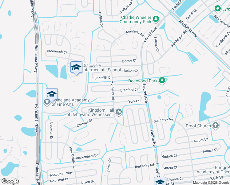 map of restaurants, bars, coffee shops, grocery stores, and more near 102 Whitehall Way in Kissimmee
