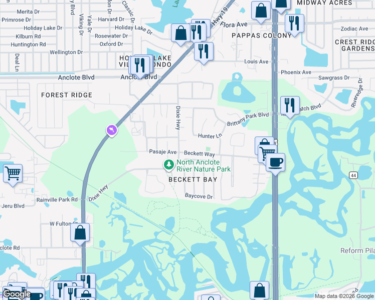 map of restaurants, bars, coffee shops, grocery stores, and more near 655 Bayside Drive in Tarpon Springs