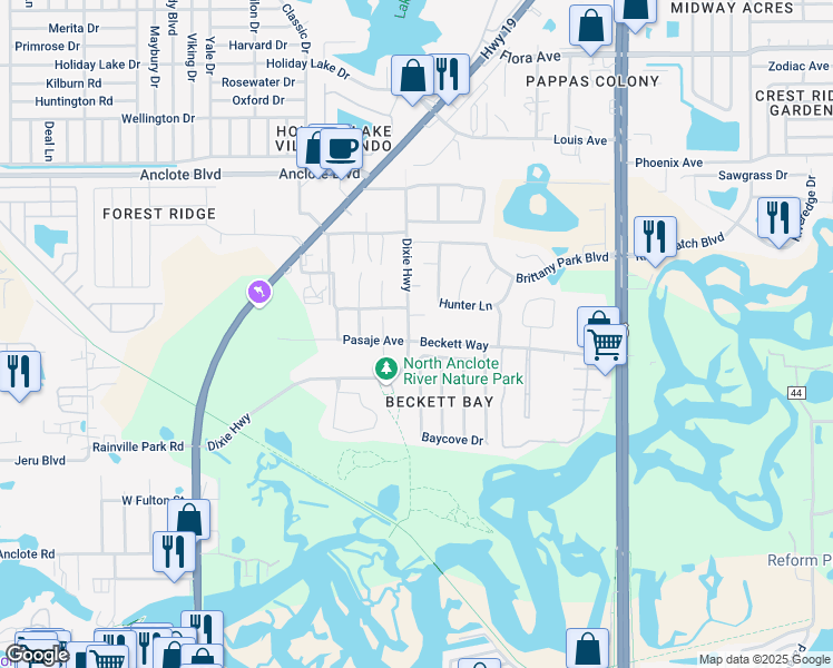 map of restaurants, bars, coffee shops, grocery stores, and more near 590 Pasaje Avenue in Tarpon Springs