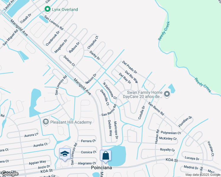 map of restaurants, bars, coffee shops, grocery stores, and more near 615 North Delmonte Court in Poinciana