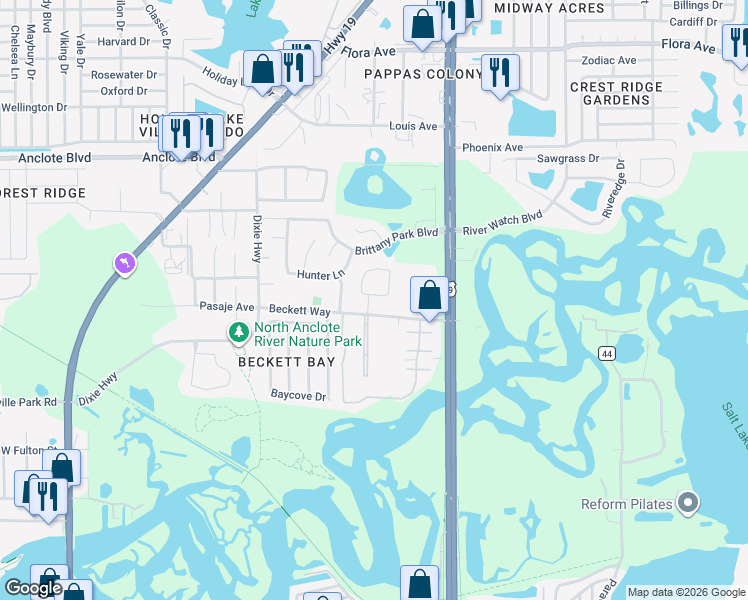 map of restaurants, bars, coffee shops, grocery stores, and more near 1731 Capri Lane in Tarpon Springs
