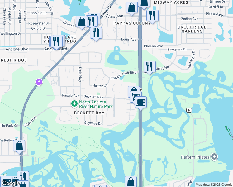 map of restaurants, bars, coffee shops, grocery stores, and more near 1731 Capri Lane in Tarpon Springs