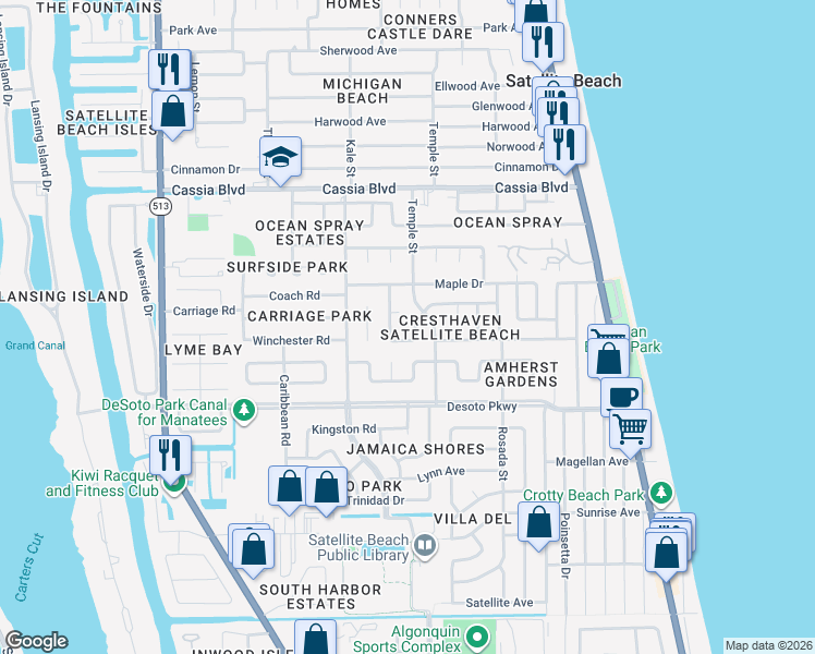 map of restaurants, bars, coffee shops, grocery stores, and more near 341 Cherry Drive in Satellite Beach