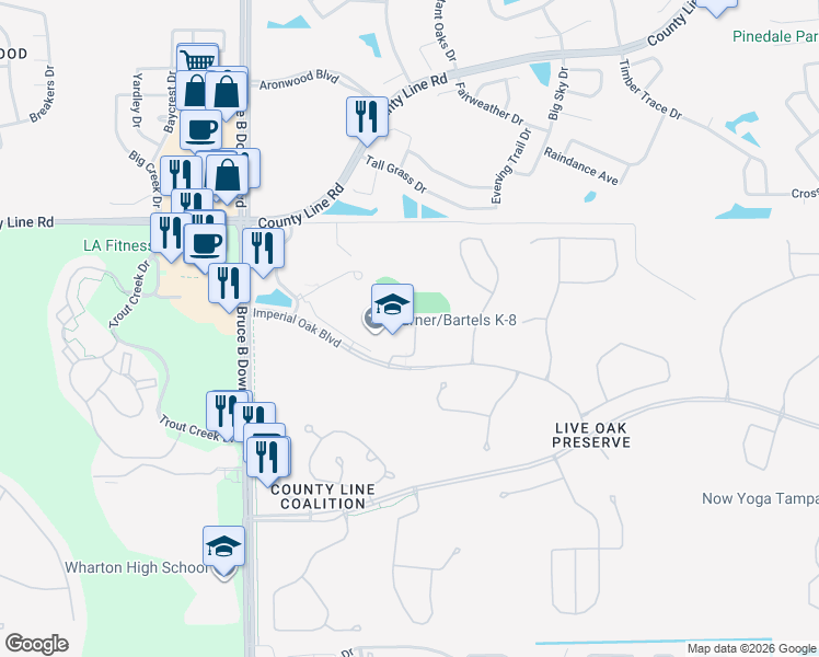 map of restaurants, bars, coffee shops, grocery stores, and more near 9190 Imperial Oak Boulevard in Tampa