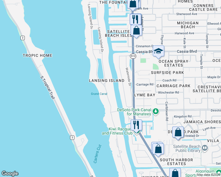 map of restaurants, bars, coffee shops, grocery stores, and more near 212 Lansing Island Drive in Satellite Beach