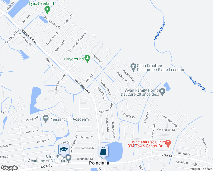 map of restaurants, bars, coffee shops, grocery stores, and more near 621 North Delmonte Court in Kissimmee