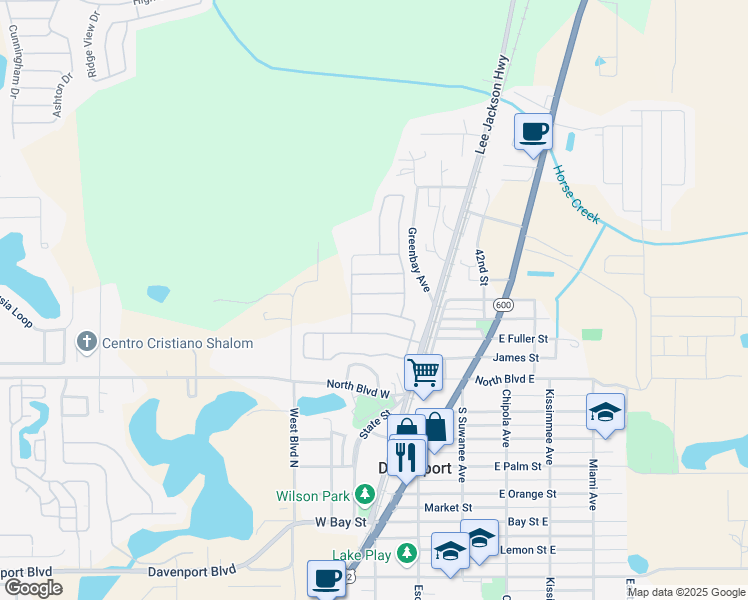 map of restaurants, bars, coffee shops, grocery stores, and more near 512 Wildcat Lane in Davenport