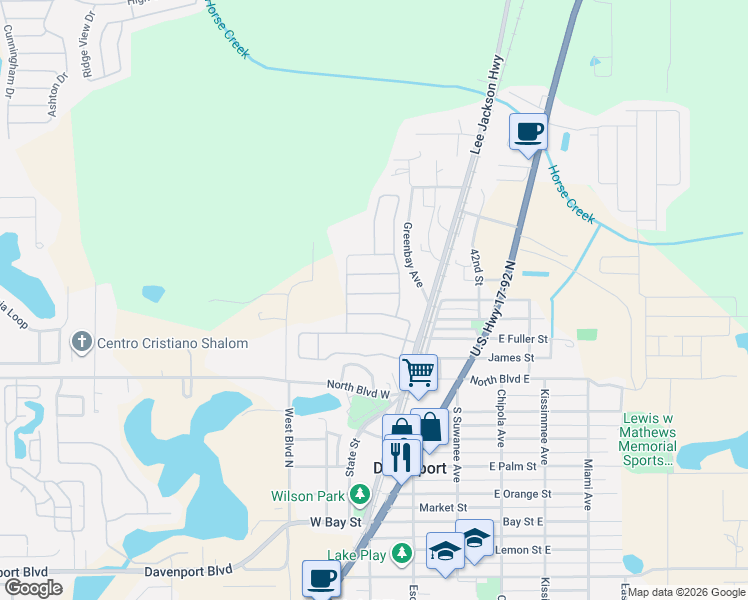 map of restaurants, bars, coffee shops, grocery stores, and more near 512 Wildcat Lane in Davenport