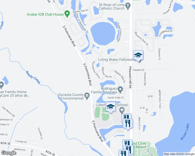 map of restaurants, bars, coffee shops, grocery stores, and more near 3641 Sail Harbor Drive in Kissimmee