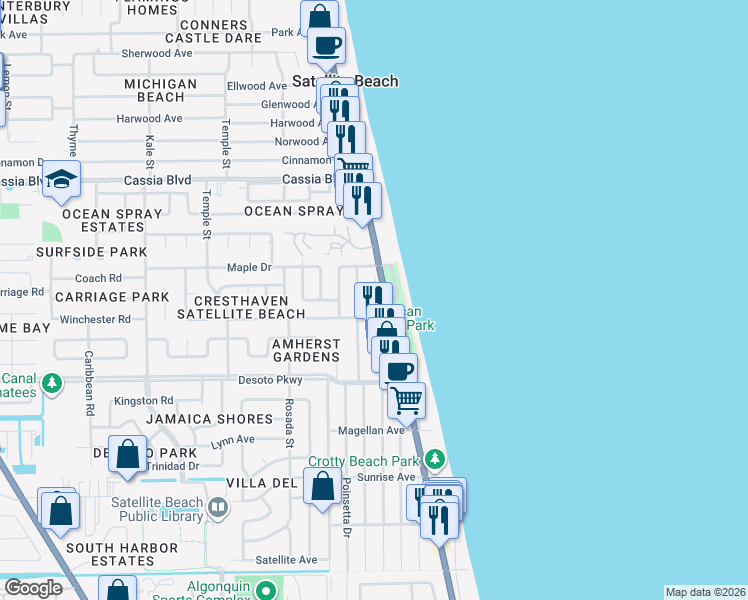 map of restaurants, bars, coffee shops, grocery stores, and more near 552 Majorca Court in Satellite Beach