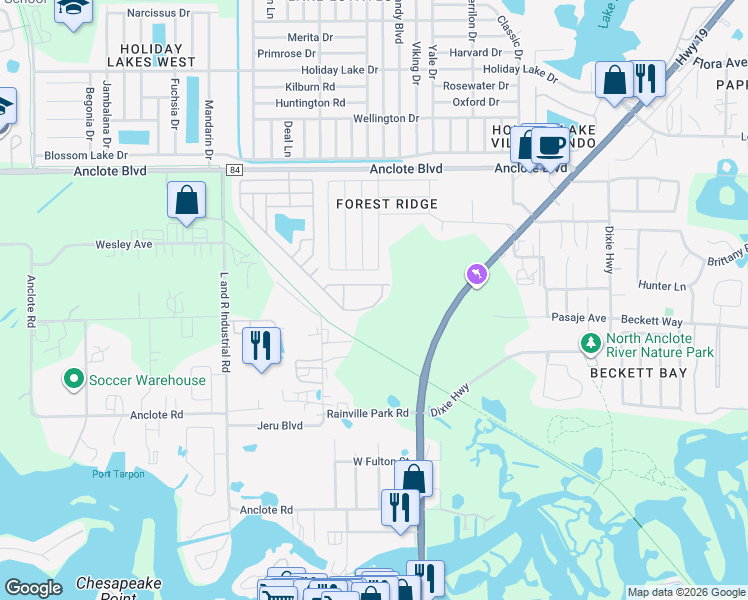 map of restaurants, bars, coffee shops, grocery stores, and more near 385 Wood Bridge Avenue in Tarpon Springs