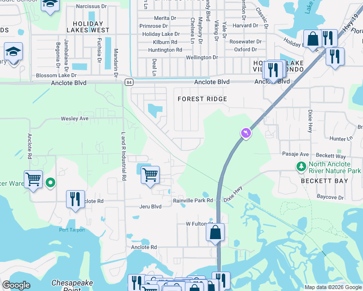 map of restaurants, bars, coffee shops, grocery stores, and more near 385 Wood Bridge Avenue in Tarpon Springs