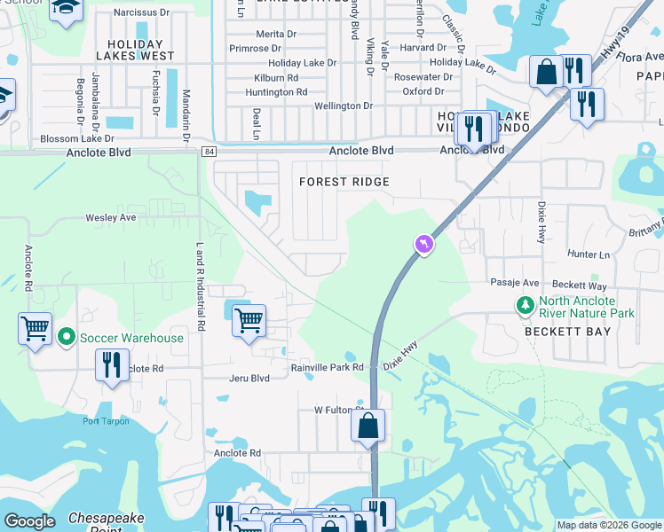 map of restaurants, bars, coffee shops, grocery stores, and more near 385 Wood Bridge Avenue in Tarpon Springs