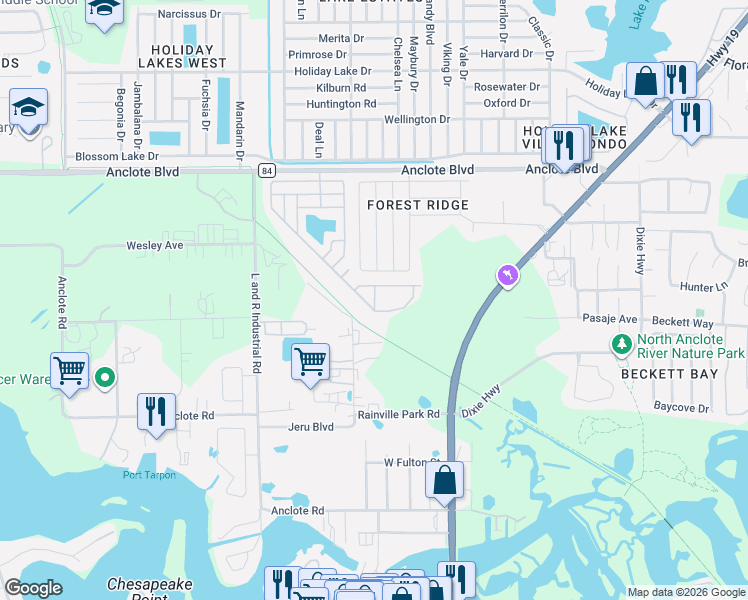 map of restaurants, bars, coffee shops, grocery stores, and more near 385 Wood Bridge Avenue in Tarpon Springs