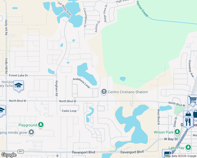 map of restaurants, bars, coffee shops, grocery stores, and more near 1366 Andalusia Loop in Davenport