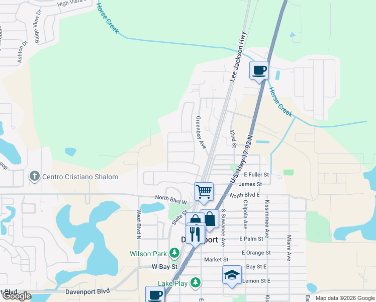 map of restaurants, bars, coffee shops, grocery stores, and more near 512 Wildcat Lane in Davenport