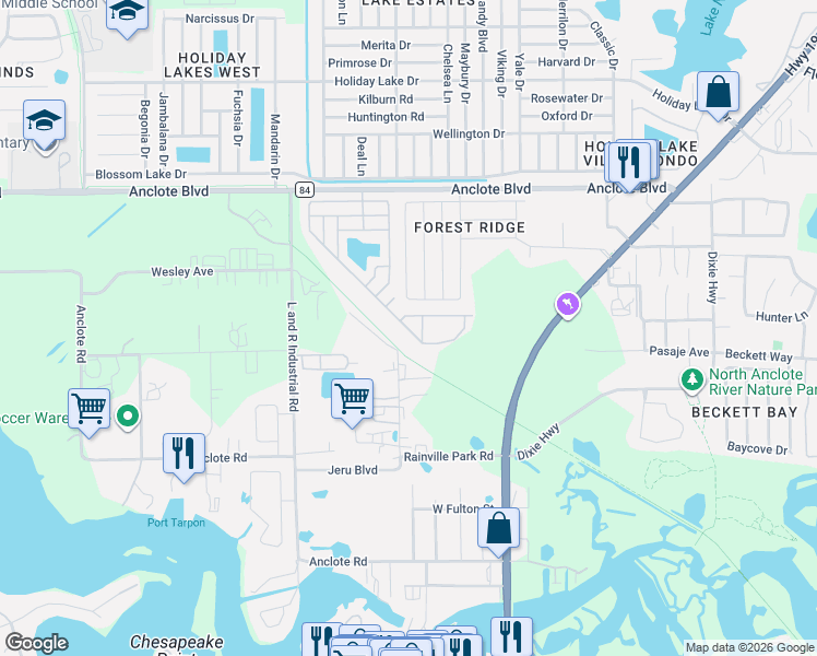 map of restaurants, bars, coffee shops, grocery stores, and more near 474 Cary Lane in Tarpon Springs