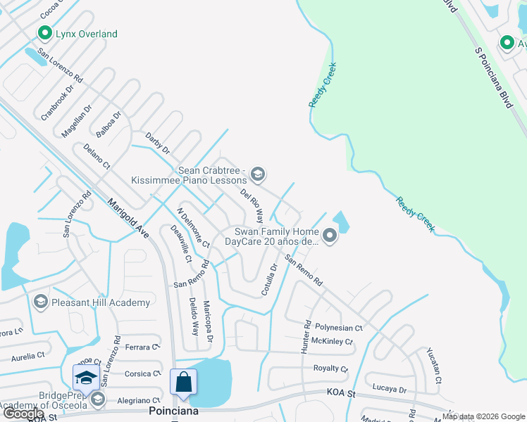 map of restaurants, bars, coffee shops, grocery stores, and more near 709 Del Rio Way in Kissimmee