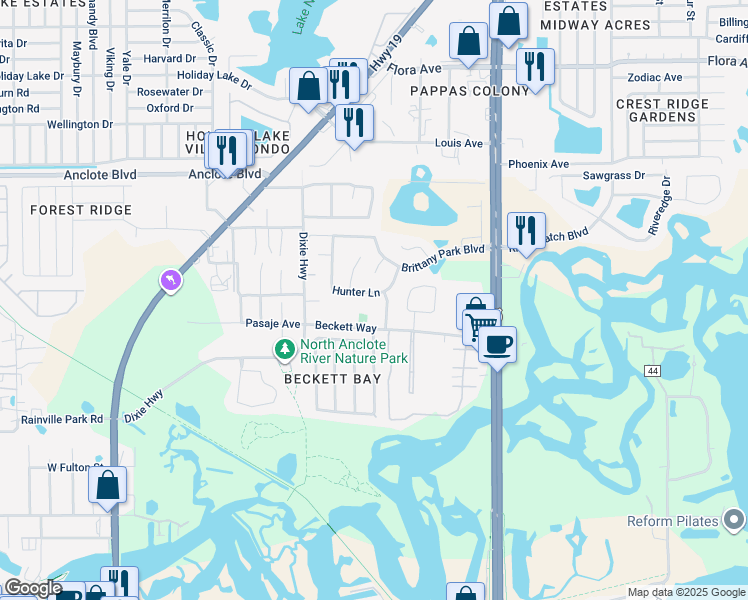 map of restaurants, bars, coffee shops, grocery stores, and more near 931 Hunter Lane in Tarpon Springs
