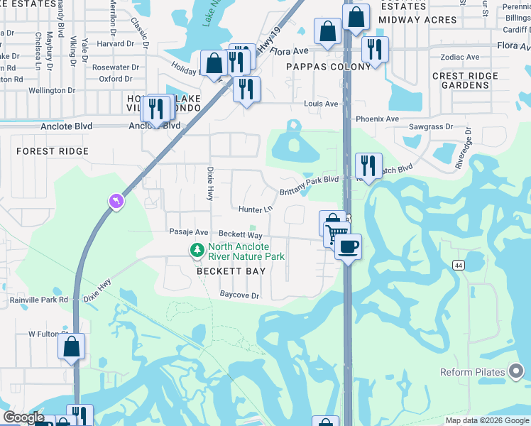map of restaurants, bars, coffee shops, grocery stores, and more near 931 Hunter Lane in Tarpon Springs