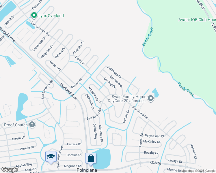 map of restaurants, bars, coffee shops, grocery stores, and more near 711 Del Prado Drive in Kissimmee