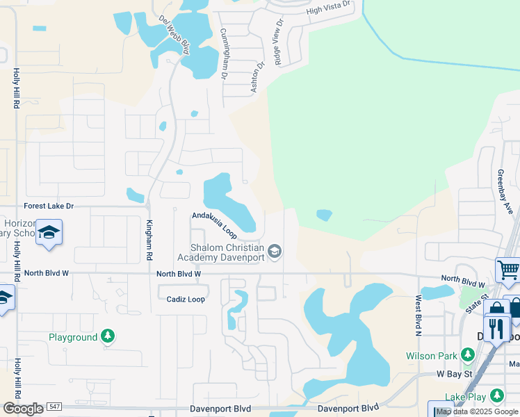 map of restaurants, bars, coffee shops, grocery stores, and more near 1386 Andalusia Loop in Davenport