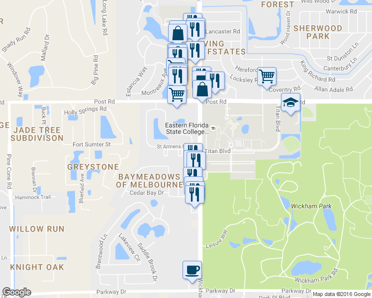 map of restaurants, bars, coffee shops, grocery stores, and more near 3011 College Wood Drive in Melbourne