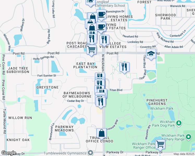 map of restaurants, bars, coffee shops, grocery stores, and more near 3011 College Wood Drive in Melbourne