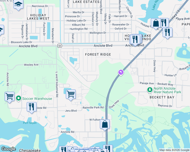map of restaurants, bars, coffee shops, grocery stores, and more near 385 Wood Bridge Avenue in Tarpon Springs