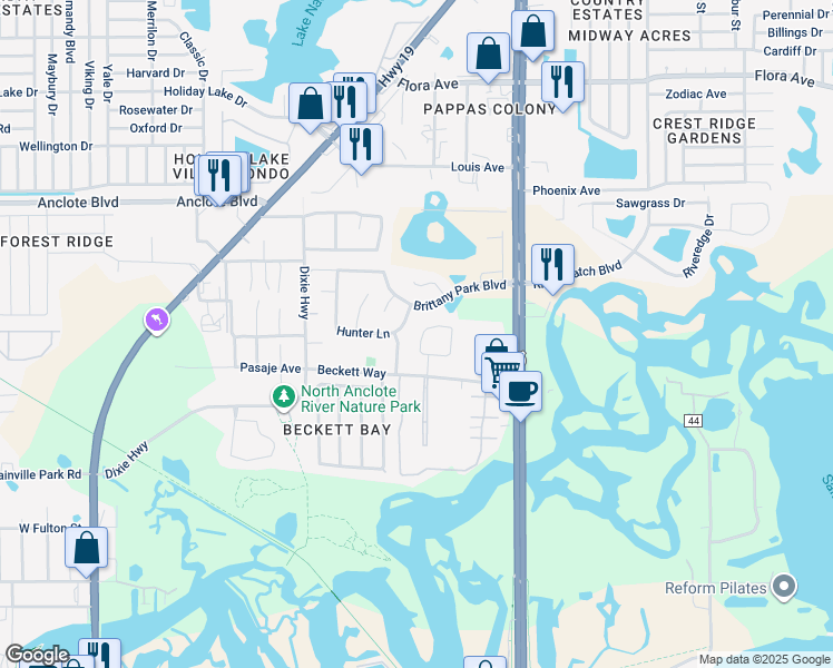 map of restaurants, bars, coffee shops, grocery stores, and more near 1782 Biarritz Circle in Tarpon Springs