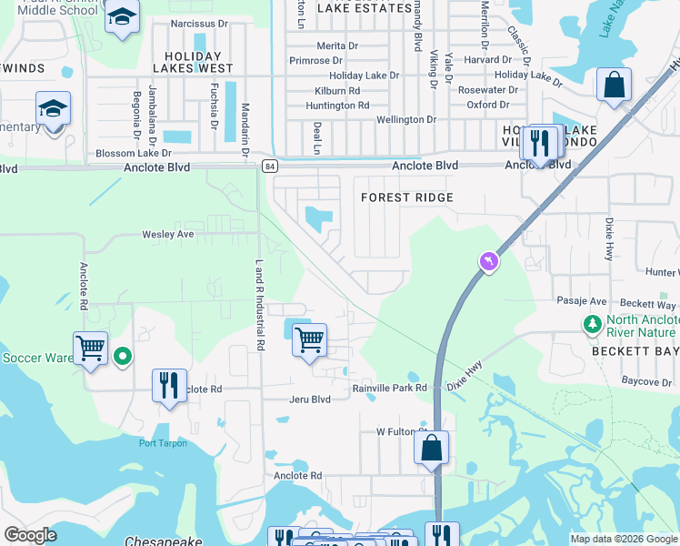 map of restaurants, bars, coffee shops, grocery stores, and more near 474 Cary Lane in Tarpon Springs