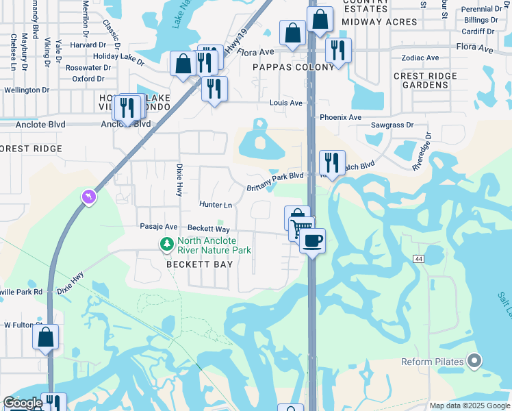 map of restaurants, bars, coffee shops, grocery stores, and more near 1782 Biarritz Circle in Tarpon Springs