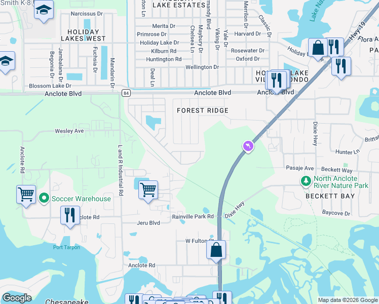 map of restaurants, bars, coffee shops, grocery stores, and more near 385 Wood Bridge Avenue in Tarpon Springs