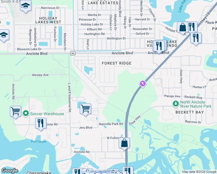 map of restaurants, bars, coffee shops, grocery stores, and more near 385 Wood Bridge Avenue in Tarpon Springs