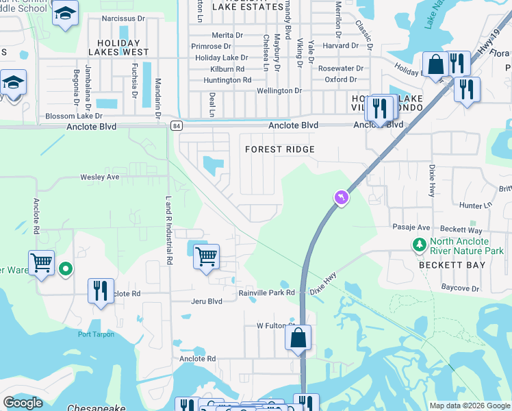map of restaurants, bars, coffee shops, grocery stores, and more near 385 Wood Bridge Avenue in Tarpon Springs