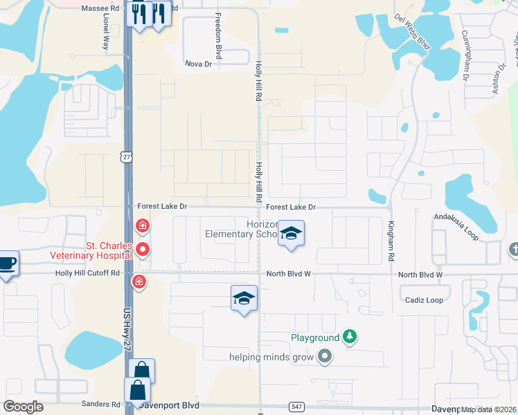 map of restaurants, bars, coffee shops, grocery stores, and more near Forest Lake Drive in Davenport