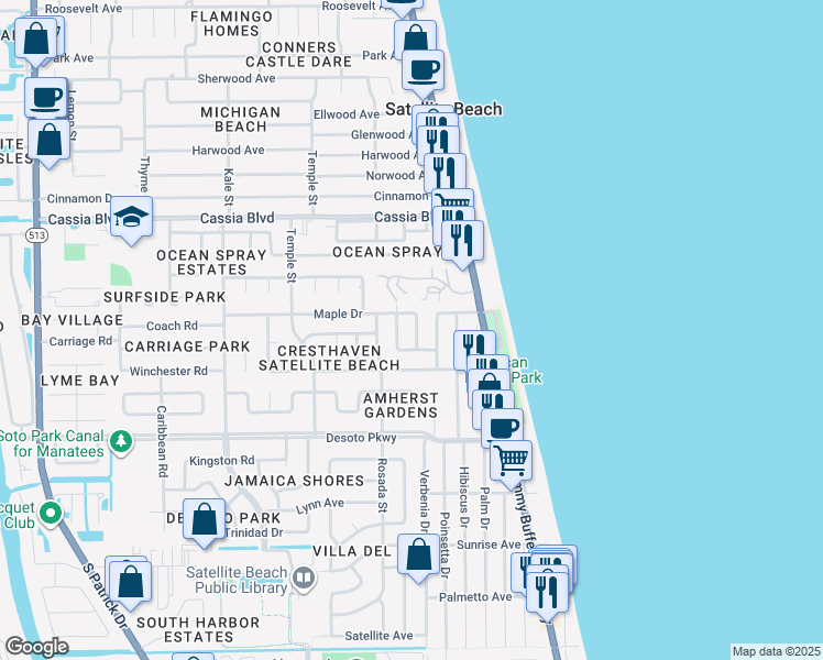 map of restaurants, bars, coffee shops, grocery stores, and more near 107 Maple Drive in Satellite Beach