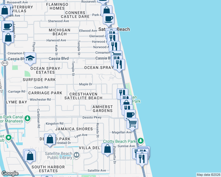 map of restaurants, bars, coffee shops, grocery stores, and more near 540 Royal Palm Boulevard in Satellite Beach