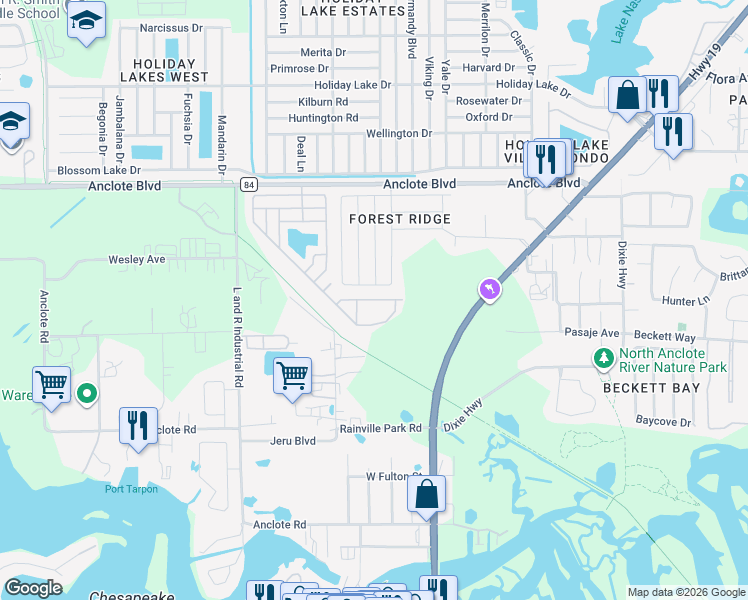 map of restaurants, bars, coffee shops, grocery stores, and more near 385 Wood Bridge Avenue in Tarpon Springs