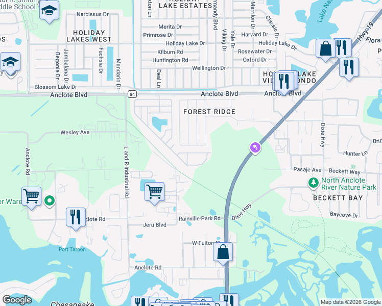 map of restaurants, bars, coffee shops, grocery stores, and more near 385 Wood Bridge Avenue in Tarpon Springs