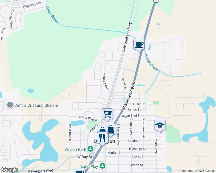 map of restaurants, bars, coffee shops, grocery stores, and more near 715 County Road 547 in Davenport