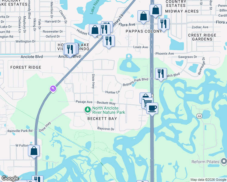 map of restaurants, bars, coffee shops, grocery stores, and more near 931 Hunter Lane in Tarpon Springs