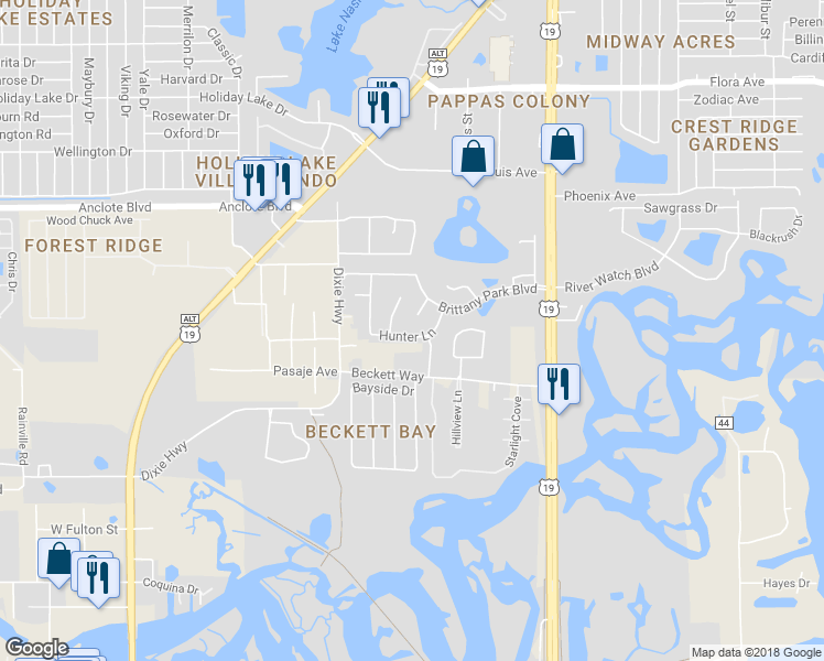 map of restaurants, bars, coffee shops, grocery stores, and more near 931 Hunter Lane in Tarpon Springs