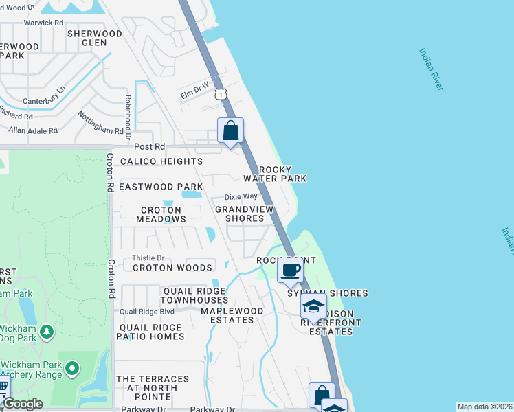 map of restaurants, bars, coffee shops, grocery stores, and more near 1564 Grandview Way in Melbourne