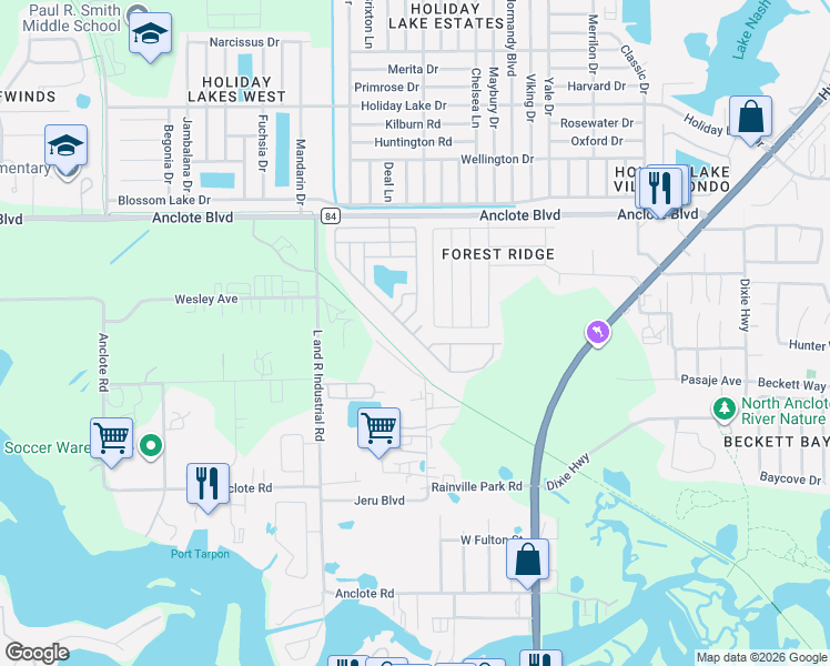 map of restaurants, bars, coffee shops, grocery stores, and more near 474 Cary Lane in Tarpon Springs