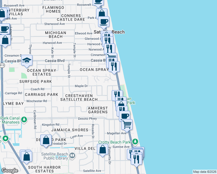 map of restaurants, bars, coffee shops, grocery stores, and more near 540 Royal Palm Boulevard in Satellite Beach