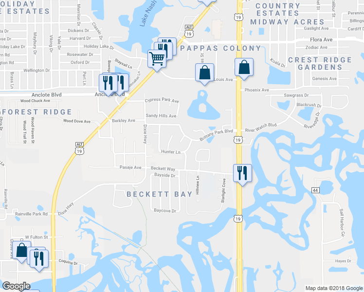 map of restaurants, bars, coffee shops, grocery stores, and more near 809 High Point Court in Tarpon Springs