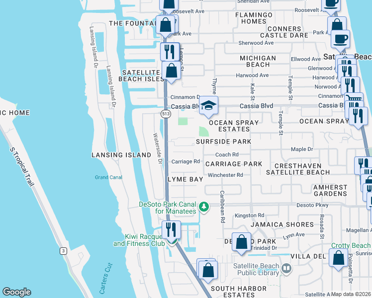 map of restaurants, bars, coffee shops, grocery stores, and more near in Indian Harbour Beach