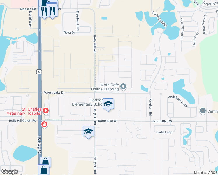map of restaurants, bars, coffee shops, grocery stores, and more near Holly Hill Road in Davenport
